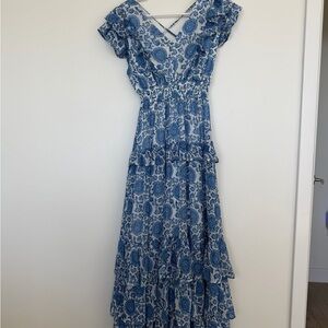 Aqua Blue Paisley Ruffle Maxi Dress